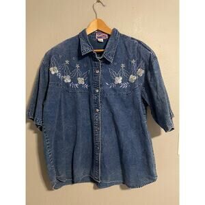 Vintage Pearl River Shirt Womens 2X Denim Embroidered Floral Button Front 90s